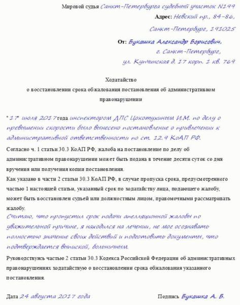 Ходатайство о восстановлении срока подачи апелляционной жалобы